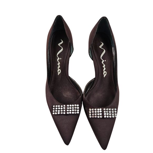 Nina Womens Heels Size 8.5M Pointed Toe Rhinestone Bow Detail Brown Satin - Picture 5 of 8